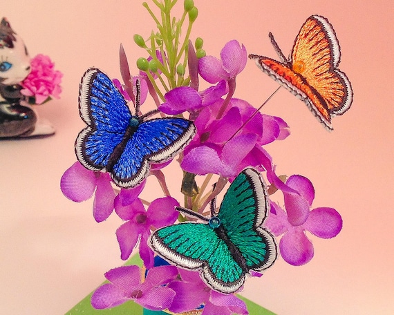 Decorative Pins. 3 Butterfly Pins, Orange, Royal Blue, Turquoise, Dritz/Prym, Pin is 1.75 "/4.5cm  Machine Embroidered,  1 oz. net. wt #3712