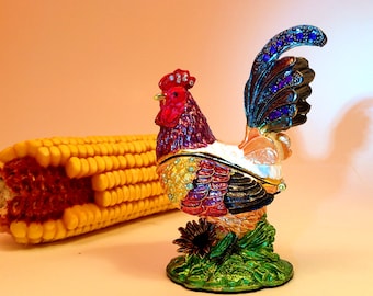 Pincushion.  Chicken That Opens/Hinged Lid/ Red Velvet & Rhinestones 4" W by 2.75" H,  9 oz net, #3152 Pin Cushion