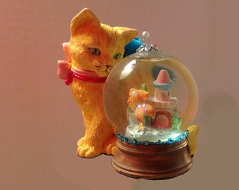 Pin Cushion Cat With Snow Globe Fish Bowl Turquoise Velvet Handmade Unique Quilters Sewing Gift Kitten Lovers 3.5"x3.25" 7 oz #0548 Pin Keep