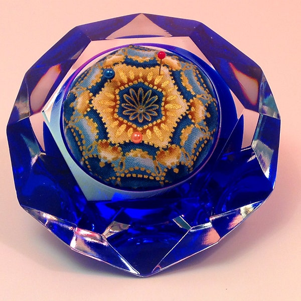 Pincushion.  "Blue Diamond" Solid Glass Faceted   4.5" W by 2.5" H,  19 oz net, #1718