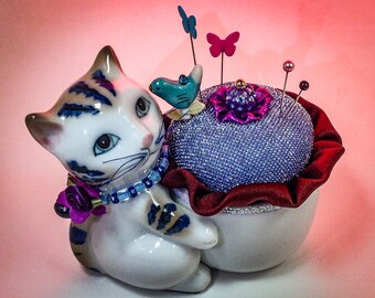 Pincushion Kitty Whisperer, Porcelain, Otigari Figurine, Blue Sparkle Fabric   4" W by 3.75" H,  10 oz net, #5173 Pin Cushion