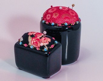 Pincushion. One Porcelain Unit/W Two Cushions High/Low Cherry Blossom Bead Garland Cotton  4"W x 3.25 H,  9oz net, #1921  Pin Cushion/Keep