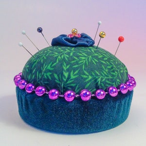Pincushion Large Size Green Leaves & Beads Velvet Satin/W Pink Rhinestones Cotton 3.25&quot;W x 2.25&quot;H  2 oz  #3436 Pin Cushion