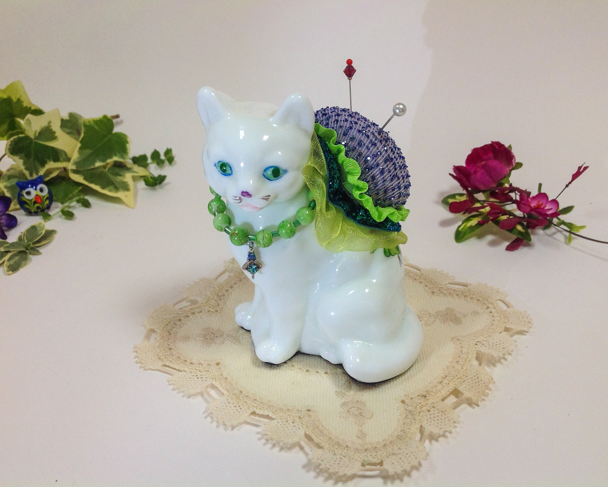 フェントン社の花柄・緑色ガラス猫 Fenton Green Cat - Etsy