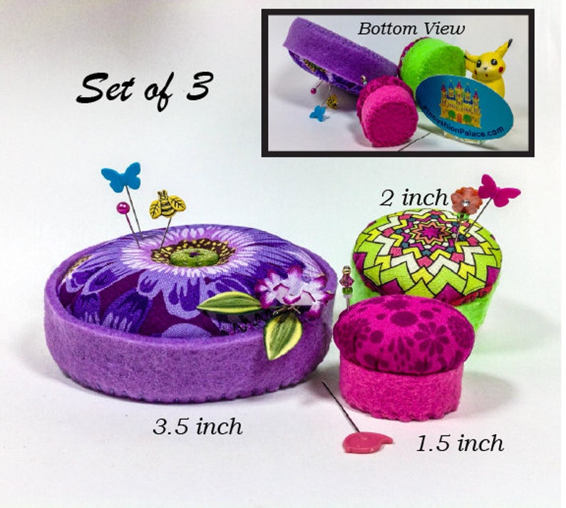 Pincushion, Set of 3, Seamstress Trio, colorful cotton fabric polyfil, Diameters 3.5, 2, 1.5 inches 4 oz net, 6823, Pin Cushion, Pin Keep Set 2 Purple Flower