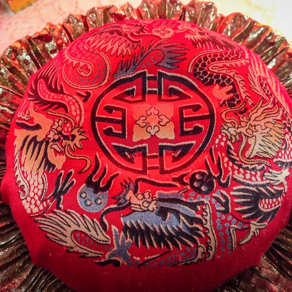 Pincushion. Chinese Vintage Wooden Dragon Carved Pedestal, Authentic Chinese Silk Dragon Fabric,  4.5" W x 3"H, 5 oz net, #5469 Pin Cushion.