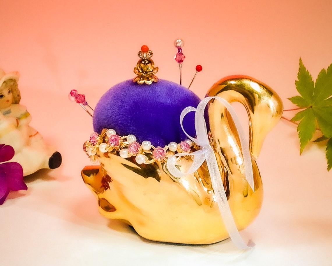 Pincushion. Golden Swan Rhinestones/pearls & Purple Velvet Etsy