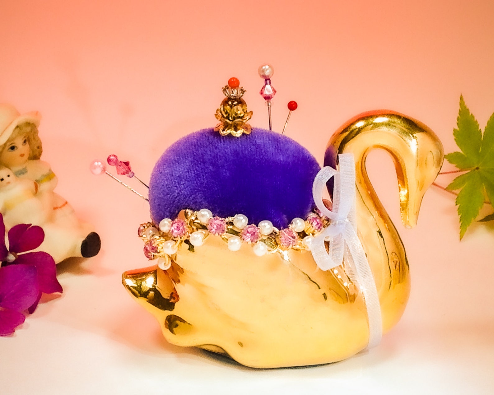 Pincushion. Golden Swan Rhinestones/pearls & Purple Velvet Etsy