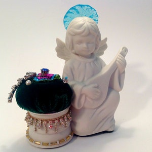 Pincushion. Lute Player/Bisque Angel W/ Blue Glass Halo.  4&quot; by 4.25&quot; 6 oz net, #0818