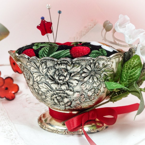 Pincushion. STRAWBERRIES and CREAM, Creamer, Ornate, Silver Plated, Floral, TK Mark   4.25"L x 2.5"H, by 2.5"W,  8 oz net, #4914 Pin Cushion