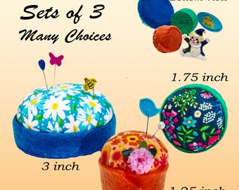 Pincushion, Set of 3, Seamstress Trio, colorful cotton fabric polyfil, Diameters 3.5, 2, 1.5 inches  4 oz net, # 6823, Pin Cushion, Pin Keep