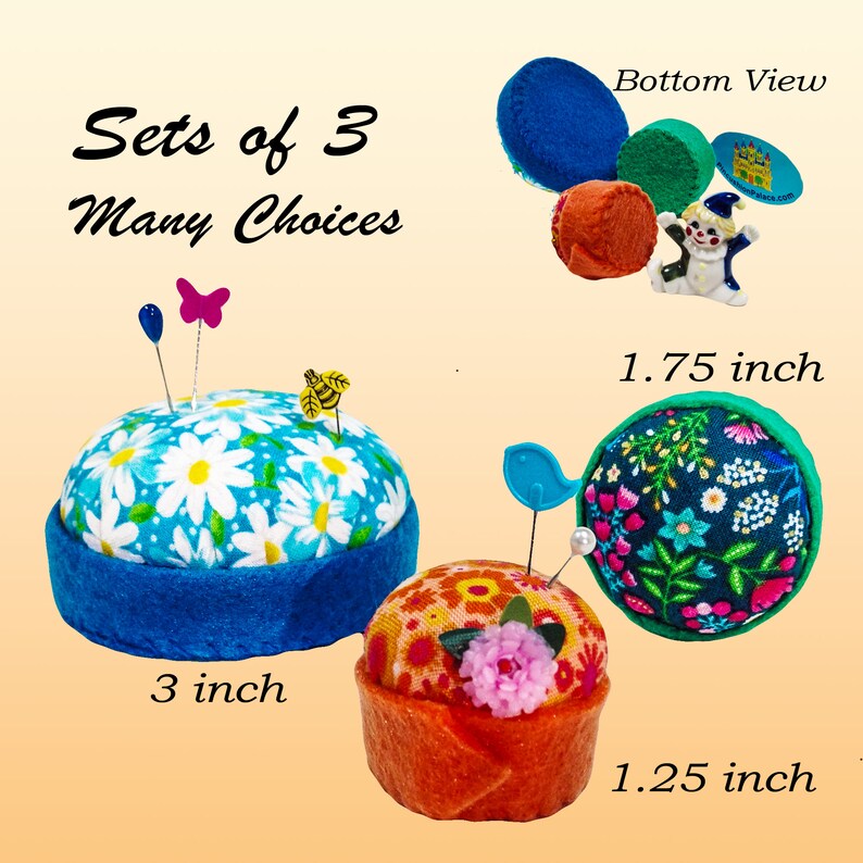 Pincushion, Set of 3, Seamstress Trio, colorful cotton fabric polyfil, Diameters 3.5, 2, 1.5 inches 4 oz net, 6823, Pin Cushion, Pin Keep Set 1 Blue Daisy Set