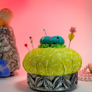 Pincushion. Rose Bowl, Pewter, Leaves, Chartreuse Cotton  3.25&quot; W by 2.75&quot; H,  6 oz net, #4786 Pin Cushion