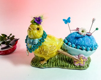 Pincushion Yellow Easter Chick/Egg Cup Kaldun & Bogle Porcelain Turquoise Blue Hand Painted Beautiful Gift 4.75"Lx 3"H 7oz #5915 Pin Cushion