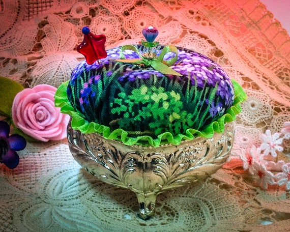 Pincushion. Lavender Fields, Silvered Metal, Jewel Case, Heart, W/Glass Flower Pin  3" W by 2.5" H,  3 oz net, #5140 Pin Cushion