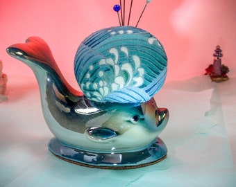 Pincushion Whale Spouting Vintage Iridescent Porcelain Ceramic Weighted Unique Handmade Collectors Gift 3.25&quot;W x3.25&quot;H 7oz #4601 Pin Cushion