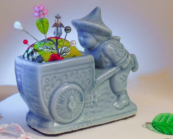 Pincushion Flower Delivery Vintage Blue Wagon Japan Glazed Porcelain Figurine Rose Hand Embroidery 4"W x 3.25"H 6oz #3826 Pin Cushion Keep