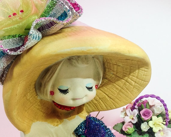 Pincushion. Knitting Girl, Bisque Porcelain, Vtge. 70's, UCCTI Japan, Matte Finish, Retro,  3" W by 4" H,  9 oz net, #6098 Pin Cushion