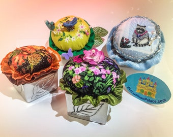 Pincushion 4 Seasons, Set of 4 Pincushions, Cast Aluminum, Weighted, Cotton, Med. Size, 3"W by 3"H, 5 oz. (each one) #5397 Pin Cushion