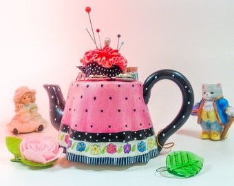 Pincushion. Do Come for Tea , Teapot, Handmade Porcelain Composite, Hand Painted. 5" W by 3" H,  7 oz net, #4248 Pin Cushion