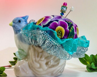 Pincushion Blue Jay Bird Figurine Ceramic Weighted Hand Made Quilters Gift Collector Pink Purple 3"W x 2.5"H 3oz #6628 Pin Cushion Pin Keep