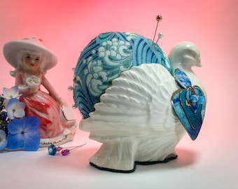 Pincushion White Dove Fine Ceramic Jewelry Collage Turquoise Weighted by Marcy Dotson Hand Made Sewing Gift 4"Wx4"H 8oz #4778 Pin Cushion