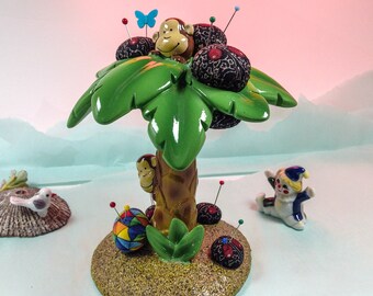 Pincushion. Monkeys Coconuts, Palm Tree, Beach Ball,  7 Pin Keeps/Cushions, Humorous,   5.25&quot; W by 4.5&quot; H,  12 oz net, #4514 Pin Cushion