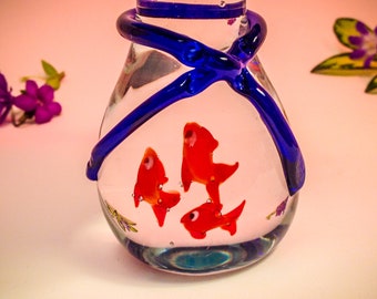 Pincushion Solid Glass Goldfish Murano/3 Swimming Fish Hand Made Gift Turquoise W/Royal Blue Satin 5&quot;W x 3.5&quot;H 9 oz # 2898 Pin Cushion Keep