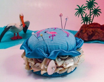 Pincushion, Pink Flamingos, Pearly Shells, & "Sparkly Beaches"  3" D by 2" H,  4 oz net, #3957Pin Cushion