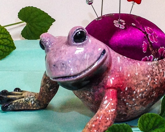 Pincushion Happy Pink Frog Magenta Satin Brocade Art Nouveau