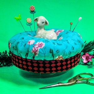 Pincushion Sheep&#39;s in the Meadow, Porcelain, Lamb Figurine, XL Size, Aqua/Pink Cotton,  4.5&quot;W x 3&quot;H, 5 oz net, #6546 Pin Cushion, Pin Keep