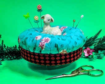 Pincushion Sheep&#39;s in the Meadow, Porcelain, Lamb Figurine, XL Size, Aqua/Pink Cotton,  4.5&quot;W x 3&quot;H, 5 oz net, #6546 Pin Cushion, Pin Keep