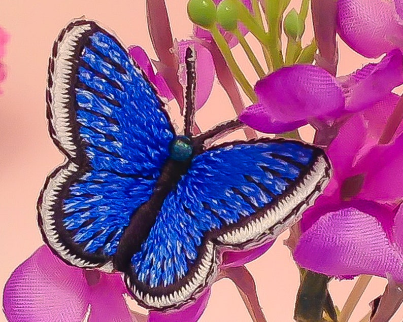 May include: A blue embroidered butterfly with white trim, perched on a cluster of pink flowers.