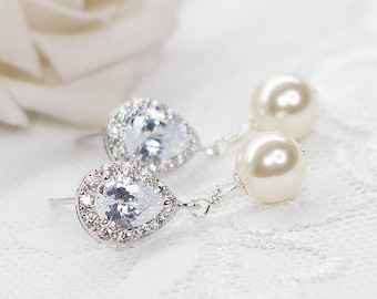 Pearl Drop Earrings, Pearl Bridal Earrings, Bridal Earrings, Pearl Wedding Earrings, Ivory Pearl Dangle Earrings