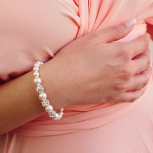 Pearl Bridal Bracelet, Pearl Wedding Bracelet, Bridal Pearl Bracelet, Bracelet for Bride, White Pearl Bracelet,Pearl and Rhinestone Bracelet image 4