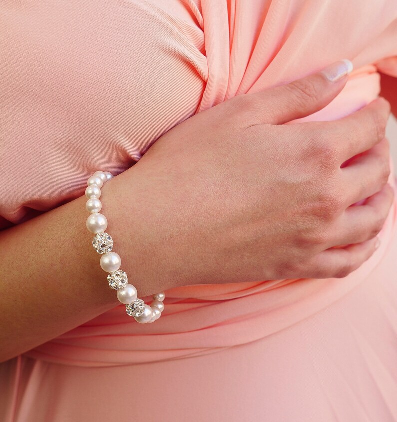 Pearl Bridal Bracelet, Pearl Wedding Bracelet, Bridal Pearl Bracelet, Bracelet for Bride, White Pearl Bracelet,Pearl and Rhinestone Bracelet image 4