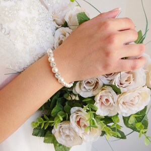 Pearl Bridal Bracelet, Pearl Wedding Bracelet, Bridal Pearl Bracelet, Bracelet for Bride, White Pearl Bracelet,Pearl and Rhinestone Bracelet image 2