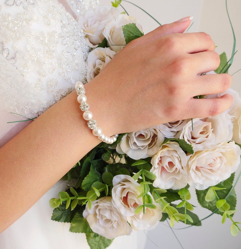 Pearl Bridal Bracelet, Pearl Wedding Bracelet, Bridal Pearl Bracelet, Bracelet for Bride, White Pearl Bracelet,Pearl and Rhinestone Bracelet image 2