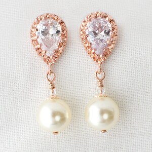 Rose Gold Pearl Wedding Earrings, Ivory Pearl Dangle Earrings, Pearl Drop Earrings, Pearl Earrings,Earrings image 1