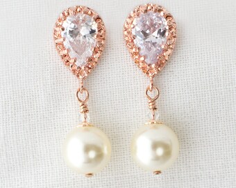 Rose Gold Pearl Wedding Earrings, Ivory Pearl Dangle Earrings, Pearl Drop Earrings, Pearl Earrings,Earrings