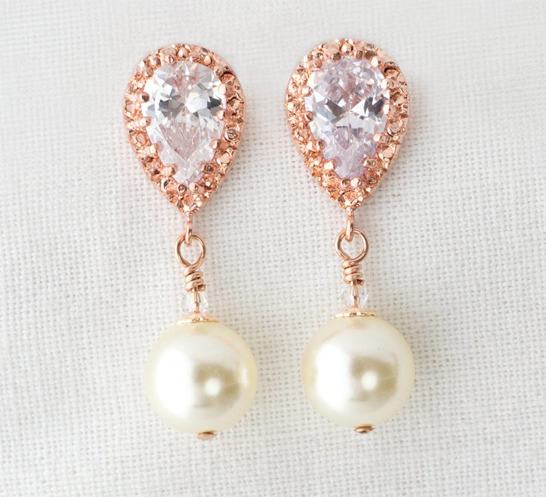 Rose Gold Pearl Wedding Earrings, Ivory Pearl Dangle Earrings, Pearl Drop Earrings, Pearl Earrings,Earrings image 1