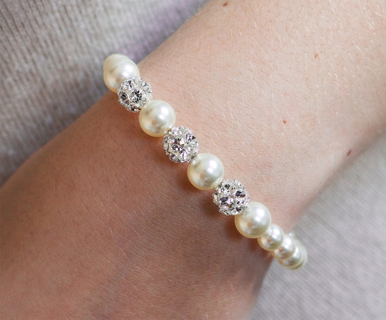 Pearl Bridal Bracelet, Pearl Wedding Bracelet, Bridal Pearl Bracelet, Bracelet for Bride, White Pearl Bracelet,Pearl and Rhinestone Bracelet image 7