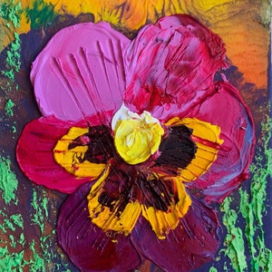 ACEO Original Art pittura a olio di viola del pensiero ACEO carte Piccola opera d'arte 2,5X3,5 pollici