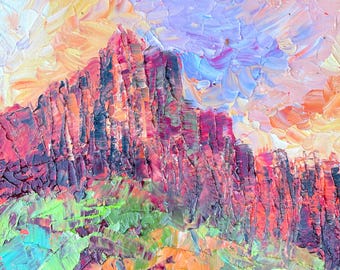 Zion Berge Ölgemälde Landschaft Impasto Kunstwerk Wandkunst 18 x 18 cm