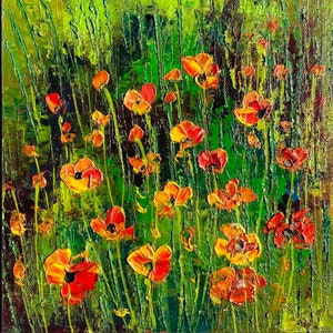 Pintura de papoula floral arte original lona toscana impasto pintura a óleo arte original