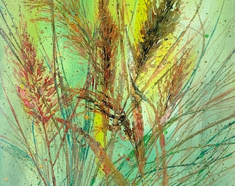 Grass  Wind Painting  Original Nature Art Green Yellow Meadow, Calm Wall Decor
