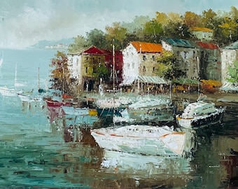 Original Oil Painting Seascape Village Boats, Impressionist Wall Art Canvas