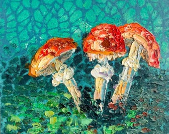 Red Mushroom Painting Fly Agaric Art Toadstool Wall Decor Botanical Oil Painting