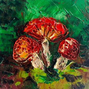 Pintura a óleo de três cogumelos Amanita Muscaria em fundo verde, arte da natureza da floresta, arte botânica caprichosa