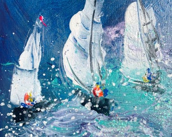 Sailboat Oil Painting  Regatta Scene Nautical Wall Art  Canvas Hand Painted Ocean Seascape